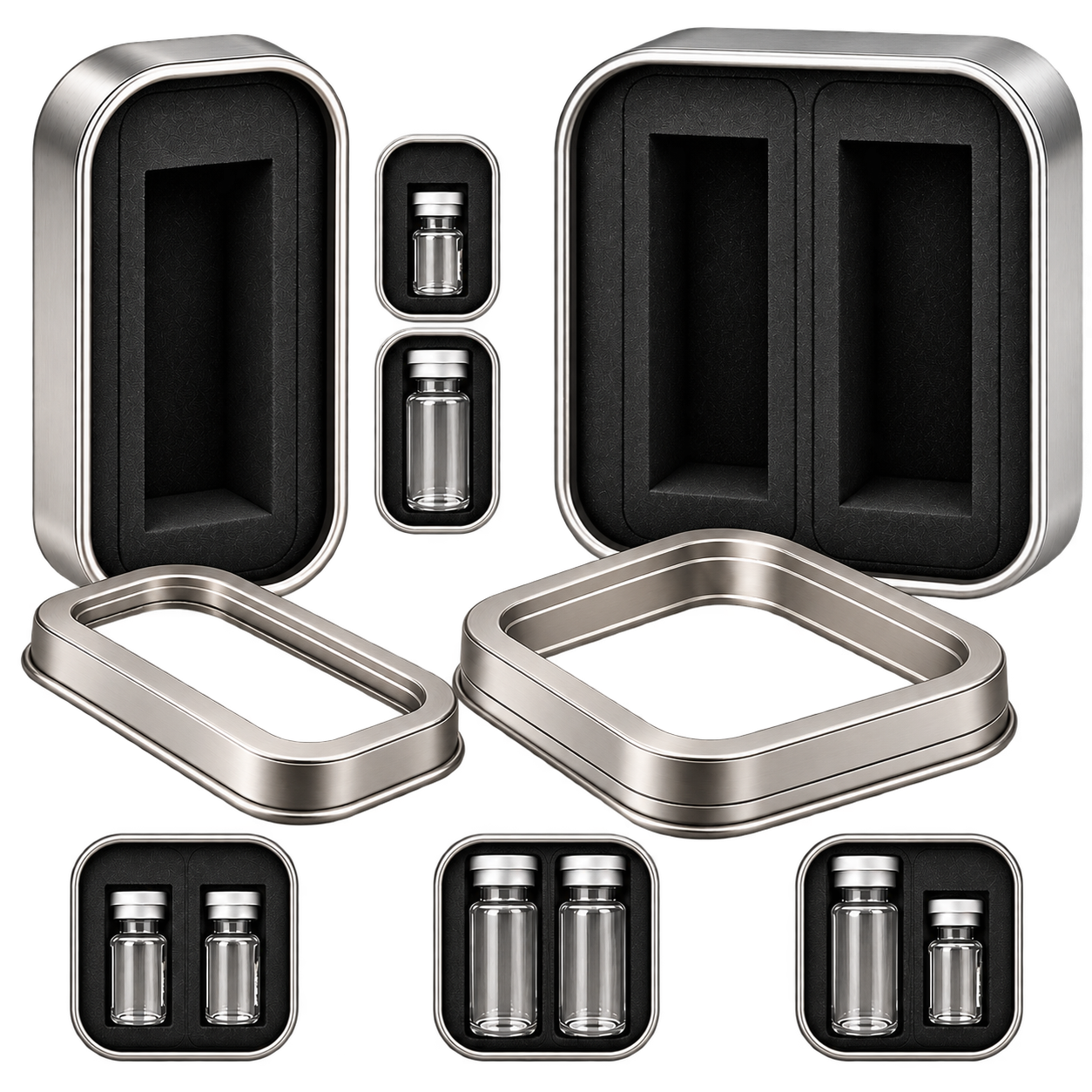 Single and dual metal vial tins
